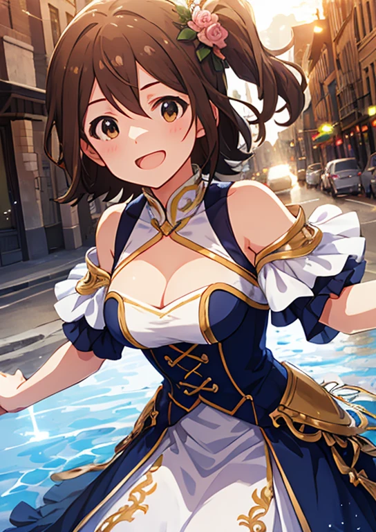 Mirai Kasuga, (highest quality, 8k, masterpiece, Very detailed:1.2), (Lens flare, Particles of light, Shine), Big Breasts, smile, Open your mouth, masterpiece, highest quality, Very detailed, High resolution, Very detailedなCG, (Official Art), Off the shoulder, Silk dress, Seductive attire, (Embarrassing:1.1), (blush:1.2), Open your mouth, (shout:1.1), (Moving lines:1.1),  blue sky, town,Cowboy Shot