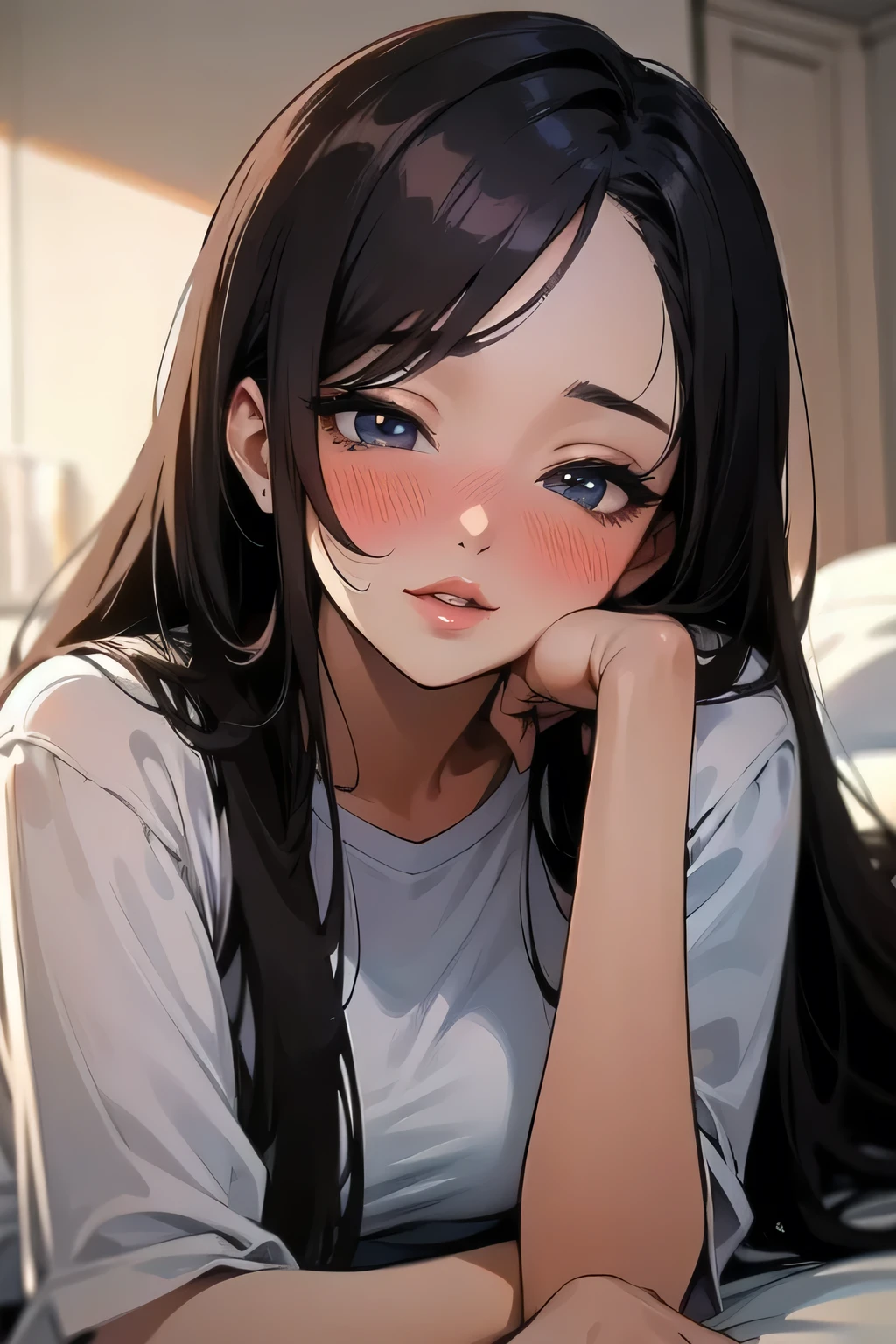 Amazing portrait of a sexy and cute woman with a beautiful face and black brown long straight hair and seductive eyes while blushing intensely with her lips parted and ready to kiss wearing a  long oversized white shirt and lying on bed