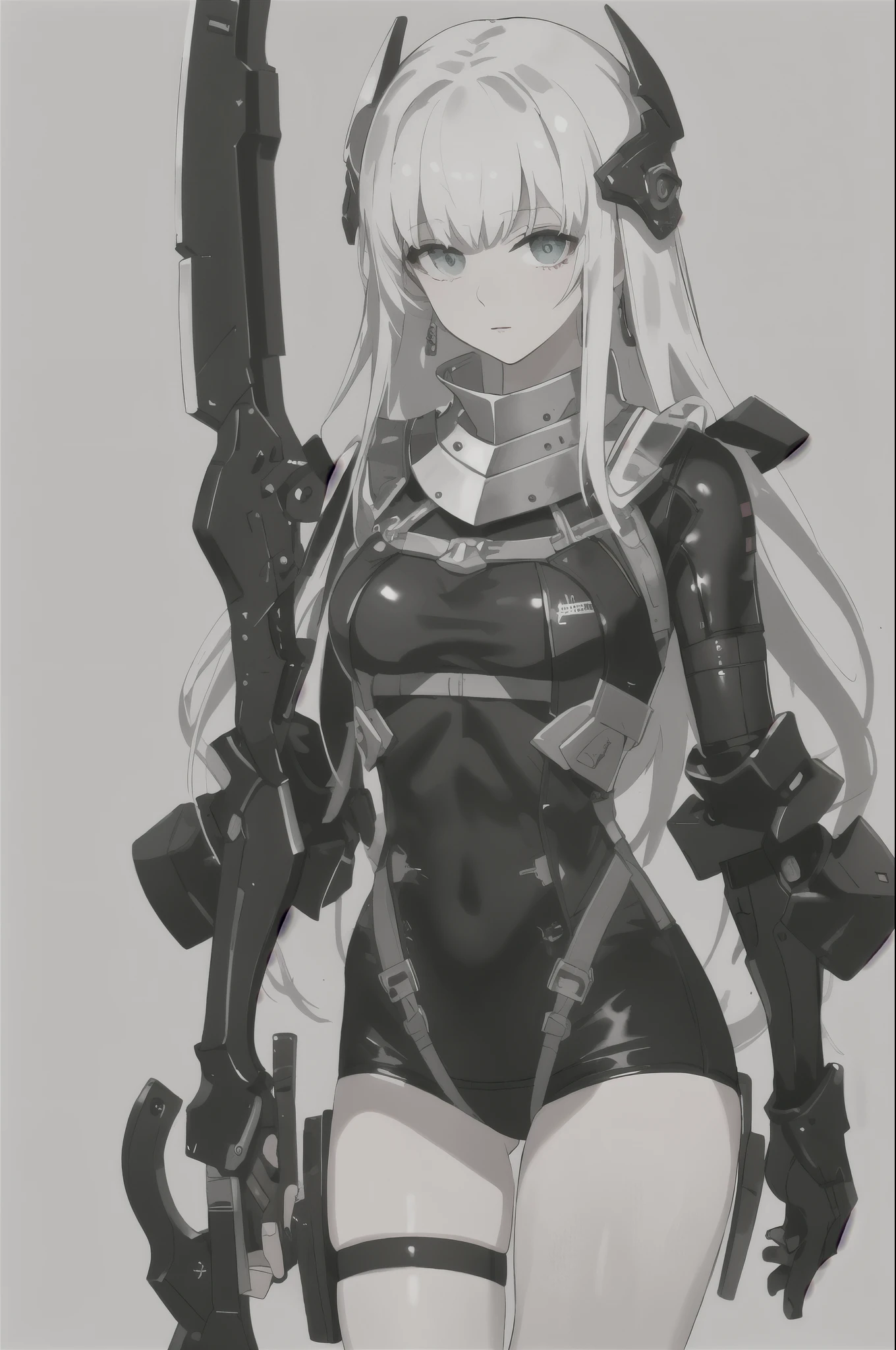 masterpiece,Best Light and Shadow,1 girl,solo,White hair,Long-haired,armor,Exposing thigh machine,Solid color background