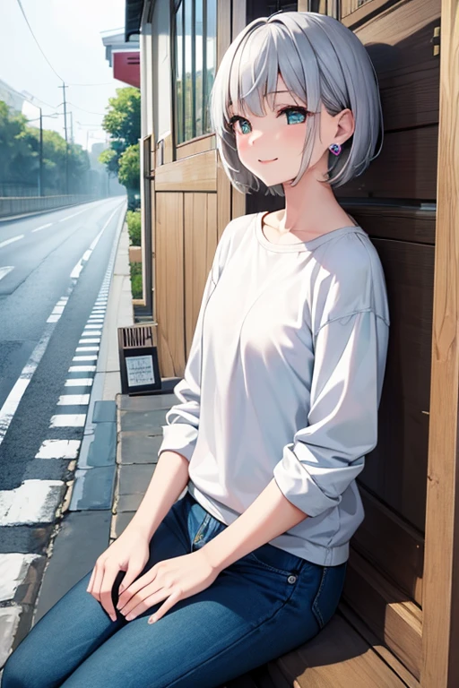 cute, masterpiece, highest quality, One girl, alone,Silver Hair, Small earrings Short hair, casual,outside,rain,Artistic,An illustration,Pants Style,Line art,View your viewers,rainに濡れる,Sleeping on the road,smile,Aqua Eye,