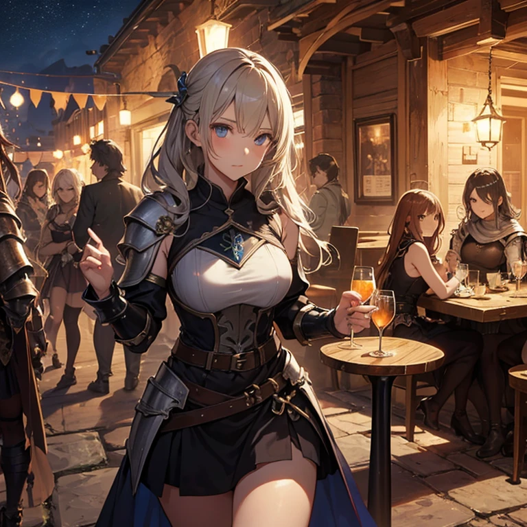 A group of  female medieval fantasy adventurers, (in tavern), various hair styles, harem, night, details face, short skirt, seducing, sleeveless, armor 