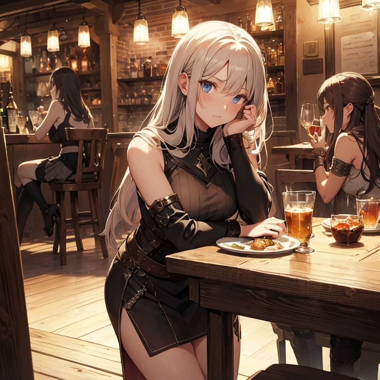 A group of female medieval fantasy adventurers, (in tavern), various hair styles, harem, night, details face, short skirt, seducing, sleeveless, armor