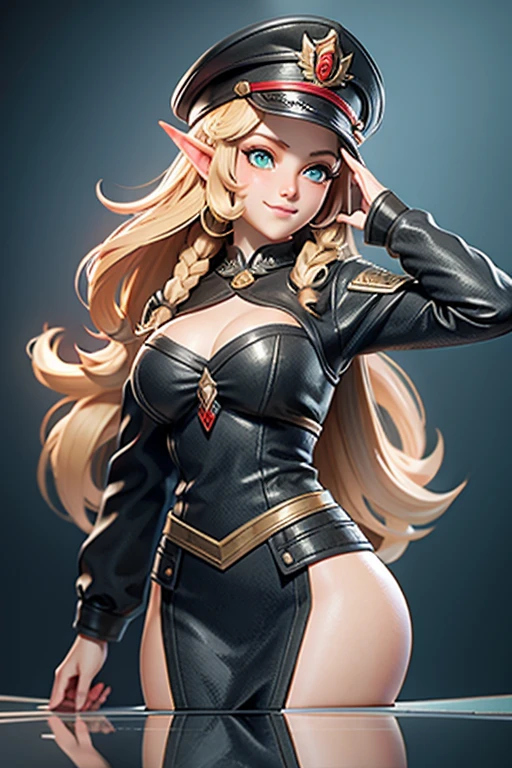 masterpiece, best quality, 8k, 德etailed Skin Texture, Practical, 德etailed Cloth Texture, Beautiful 德etail Face, Intricate 德etail, Solitary, 1 cute girl, Elf, Ultra 德etailed, 德etailed Hair, Long blond hair, Qi bangs, blush, No smile, (open eyes: 1.3, Green Eyes), (Eye Reflection: 1.6), (Smooth, Skin reflects light), (Slim, Fire Emblem Theme, Black and Red Garregmaq Monastery, Black and red military cap, Saluting action, Updraft),（Low-cut clothing，Large Breasts，（Cleavage））), thigh, Extremely gorgeous, Fire Emblem Style, Battlefield Background, 德epth of Field, Side shot