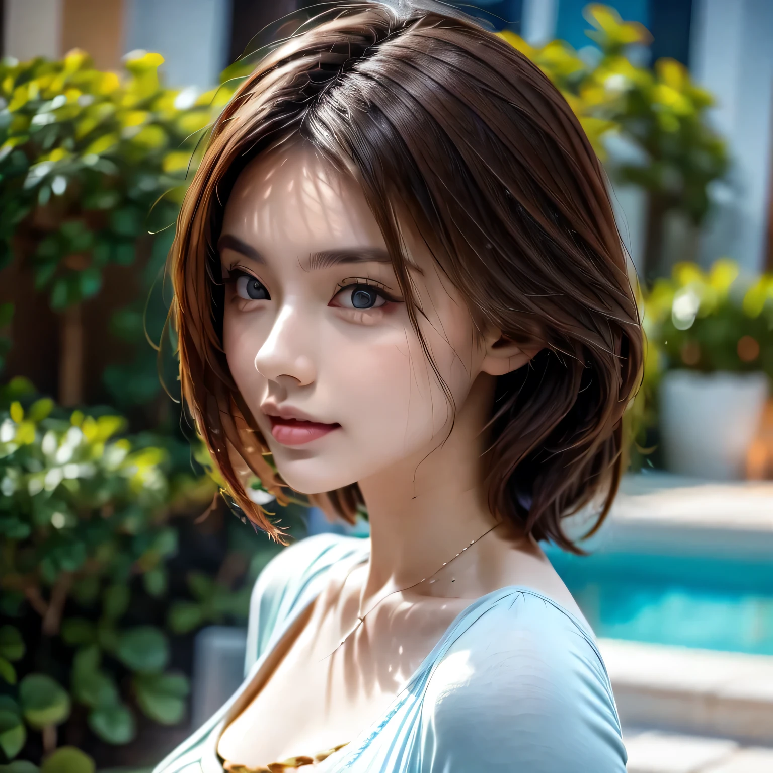 (8k, RAW Photos, highest quality, masterpiece, Realistic, Realistic), (1 female), (Ultimate beauty), Highly detailed face, (Perfect Teeth), Beautiful Eyes, double eyelid, eyelash, smile, Lip details, Brunette Bob, The light shines on your face, Big Breasts, ((T-Shirts)), (Upper Body), (background: garden), ((Written boundary depth))