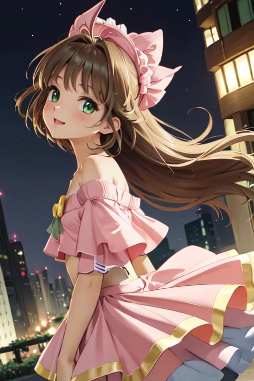 masterpiece, best quality, ultra detailed, highres, extremely detailed CG unity 8k wallpaper, perfect lighting, very detailed background, beautiful and aesthetic,sharp focus, perfect face, dynamic pose, dynamic angle,
Perfect hands、Perfect Fingers、Perfect toes、Five fingers、
1girl, upper body, (portrait:1.1), looking at viewer, full-face blush, from side, from below, smile,Open your mouth、Pink Lips、
night、Megacity、building、
Yellow Dress、
(Shoulder Bare:1.2)、(Off the shoulder:1.4)、(flat chest:1.4)、midriff peek、
light brown hair、(Green Eyes:1.4)、
Cardcaptor_Sakura、