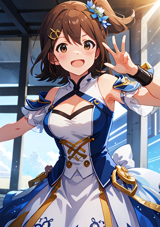 Mirai Kasuga, (highest quality, 8k, masterpiece, Very detailed:1.2), (Lens flare, Particles of light, Shine), Big Breasts, smile, Open your mouth, masterpiece, highest quality, Very detailed, High resolution, Very detailedなCG, (Official Art), Off the shoulder, Bondage, (Embarrassing:1.1), (blush:1.2), Open your mouth, (shout:1.1), (Moving lines:1.1), blue sky, town,Cowboy Shot