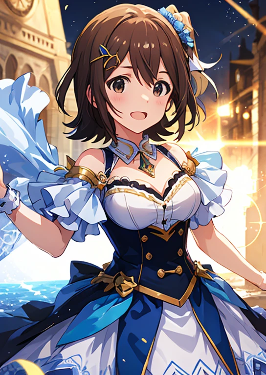 Mirai Kasuga, (highest quality, 8k, masterpiece, Very detailed:1.2), (Lens flare, Particles of light, Shine), Big Breasts, smile, Open your mouth, masterpiece, highest quality, Very detailed, High resolution, Very detailedなCG, (Official Art), Off the shoulder, Bondage, (Embarrassing:1.1), (blush:1.2), Open your mouth, (shout:1.1), (Moving lines:1.1), blue sky, town,Cowboy Shot