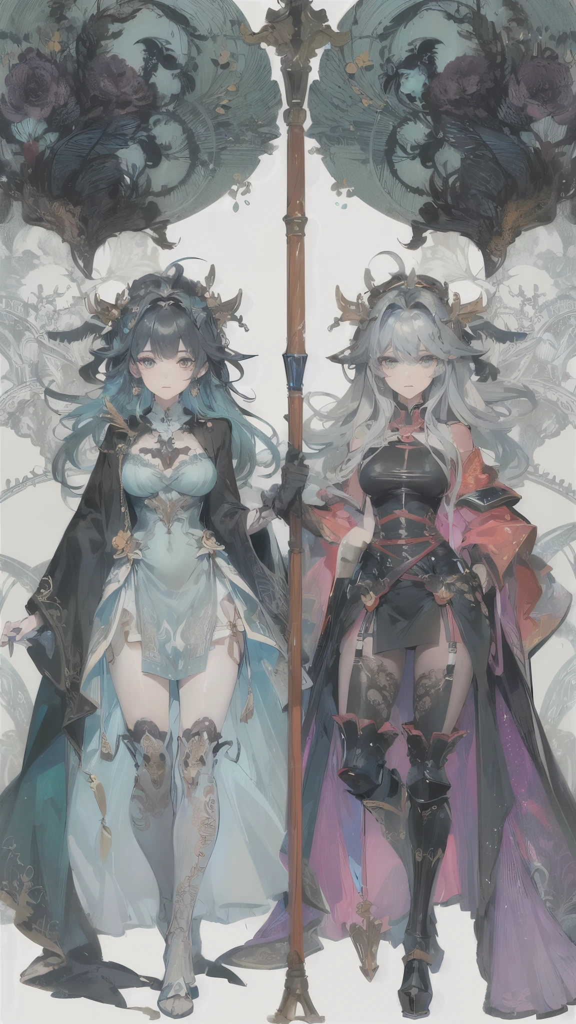 ((highest quality)),(Ultra-high resolution),(Very detailed),(Detailed Description),((The best CG)),(A masterpiece),Ultra-detailed art,Amazing drawing art,(Fantasy art with intricate detail:1.5), ((Two women standing back to back:1.5)), (witch:1.5),(Beautiful and well-proportioned face:1.3),(Shiny black hair:1.3),(緻密で詳細に描写されたwitchのローブ:1.4),(Floating fireball:1.6),(Confident々:1.2), (female knight:1.5),(Beautiful and well-proportioned face:1.3),(Light blue hair:1.3),(Intricately detailed armor:1.4),(Expressionless 1.2)