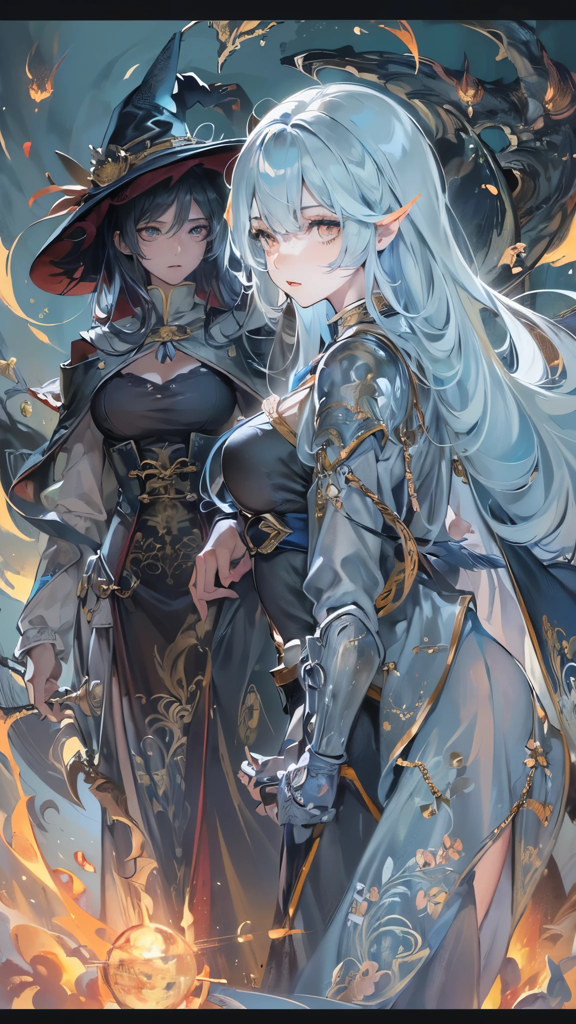 ((highest quality)),(Ultra-high resolution),(Very detailed),(Detailed Description),((The best CG)),(A masterpiece),Ultra-detailed art,Amazing drawing art,(Fantasy art with intricate detail:1.5), ((Two women standing back to back:1.5)), (witch:1.5),(Beautiful and well-proportioned face:1.3),(Shiny black hair:1.3),(緻密で詳細に描写されたwitchのローブ:1.4),(Floating fireball:1.6),(Confident々:1.2), (female knight:1.5),(Beautiful and well-proportioned face:1.3),(Light blue hair:1.3),(Intricately detailed armor:1.4),(Expressionless 1.2)