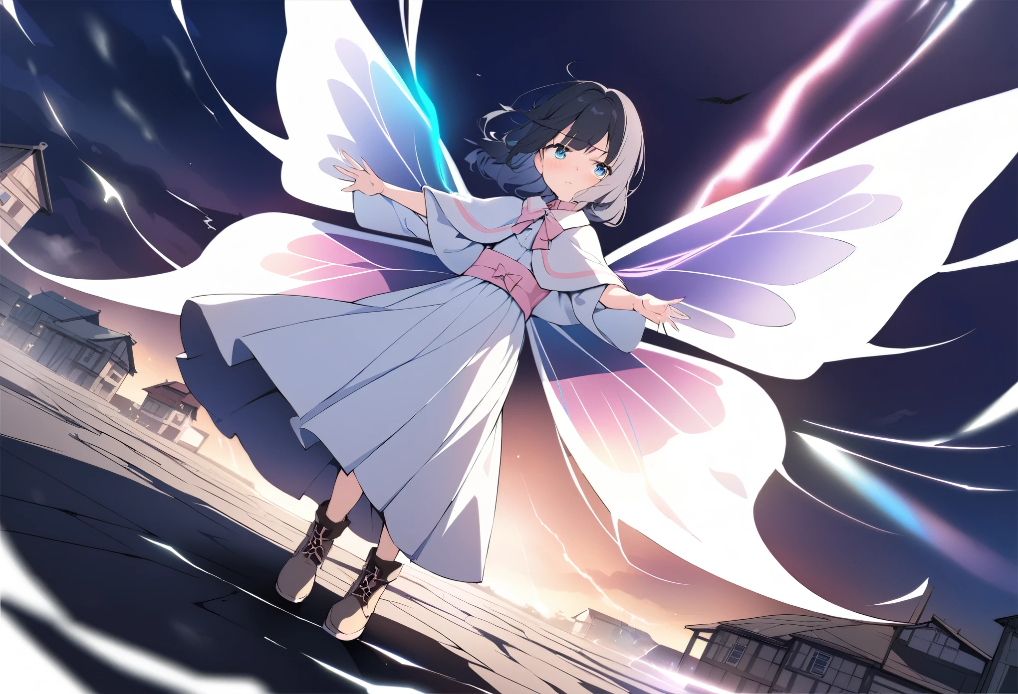 best quality, masterpiece, ultra resolution, super details, anatomically correct, (full body:1.2), 1 girl, solo, (junior child:1.2), (black hair:1.2), high quality eyes, high quality hands, clear blue eyes, (medium hair), loose hair, no hair ornaments, white dress with pink band, (white caplet:1.3), (large collar bow:1.5), long sleeves, (wide cuffs:1.3), pink waist belt, long skirt, (soft ankle boots:1.2), (huge butterfly wings:1.3), (wings of colorful light:1.4), spreading wings, imploring in storm, sad expression, above a town, visible cyclone wind, wide camara, high quality background, detailed background, depth of field, dynamic angle