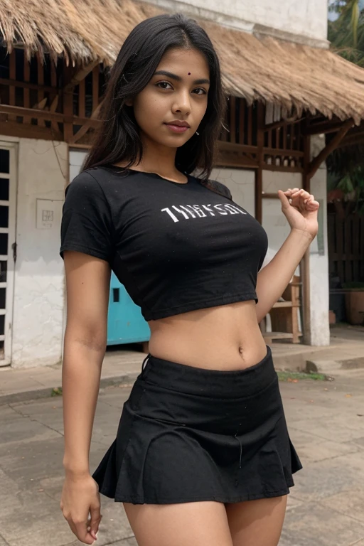Athletic Indian girl, fair skin, black skirt, black T-shirt, age 23, detailed hands, no extra limbs, big busts, tall girl,