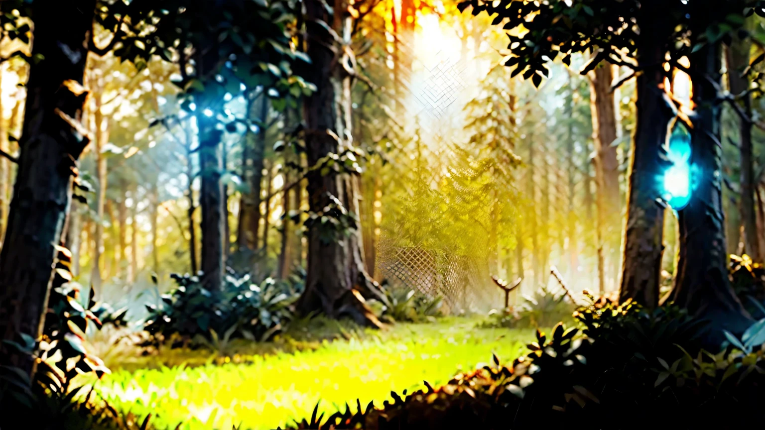Illustrate a mystical forest at sunset, with warm golden light filtering through the trees, creating a magical atmosphere. Capture the ethereal beauty of the setting as the camera pans over the forest] unreal engine, hyper real --q 2 --v 5.2 --ar 16:9