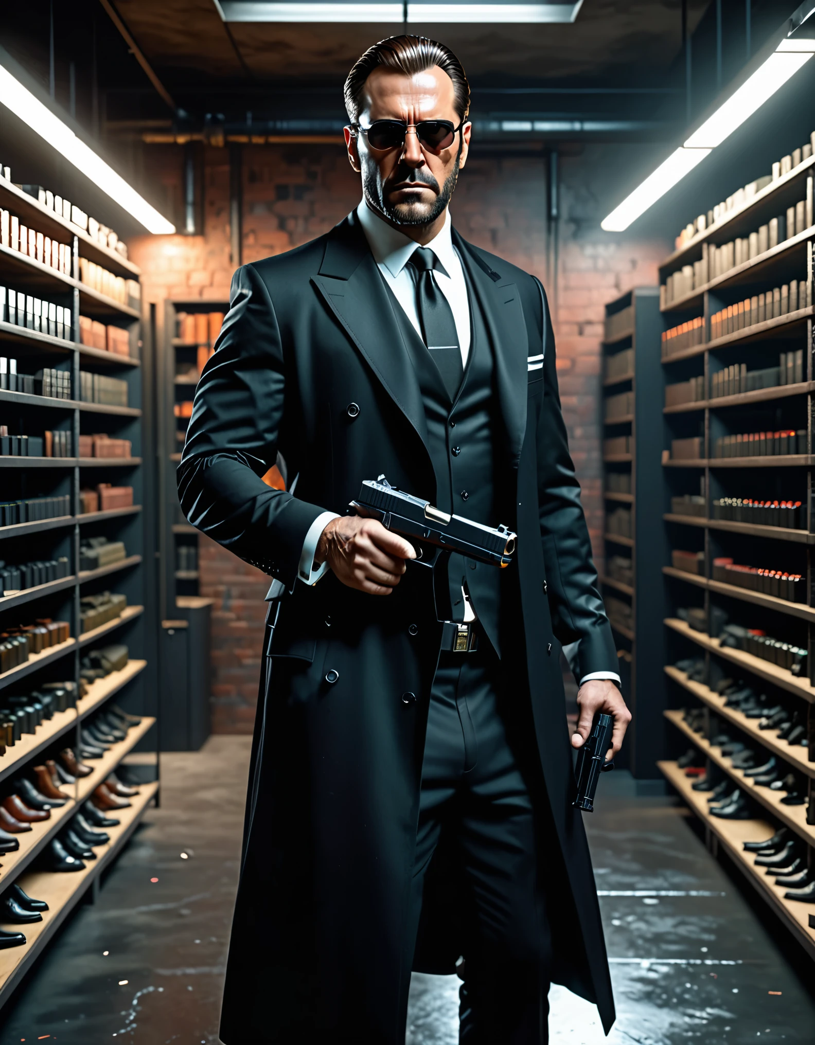 there is a man in a suit and tie holding a pistol, (glock 17:1.2), neo - noir style, 3 d render character art 8 k, (albert wesker:0.4) full body portrait, neo noir style, concept art like ernest khalimov, cinematic full character, male character, highly detailed character, full body shot hyperdetailed, (arnold maya render:0.4), he is wearing a black trenchcoat, solo, single, (eyeglasses), long black trenchcoat, black suit and tie, (black shirt), dress shoes, formal, stoic. (weapons room backdrop, shelves behind him, weapons on each shelf).