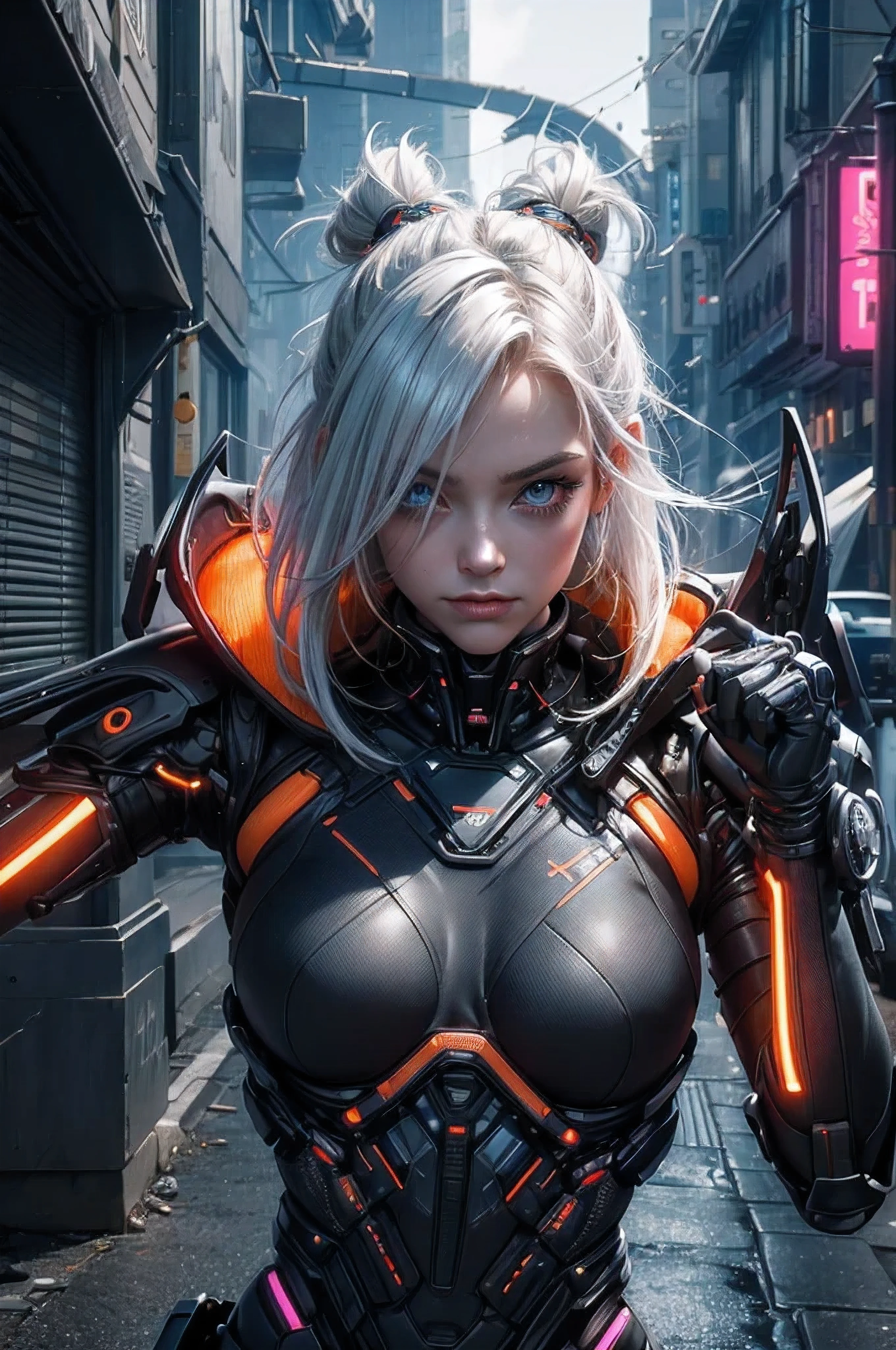 (sfw), komplizierte Details, 1 girl, Nacht, (leuchtende Neonfarben), ((Flight over futuristic cyberpunk city)), detaillierter Hintergrund, (petite cyborg girl, ((sweet perfect face, leuchtend rote Augen)), (perfekte Anatomie,  perky breasts), (absurd langes, orange-white hair with gradient, Haare wehen im Wind)), detaillierter gerippter Impossible-Bodysuit, Schulterpanzer, Cybernetic Limbs, dynamischer Winkel,