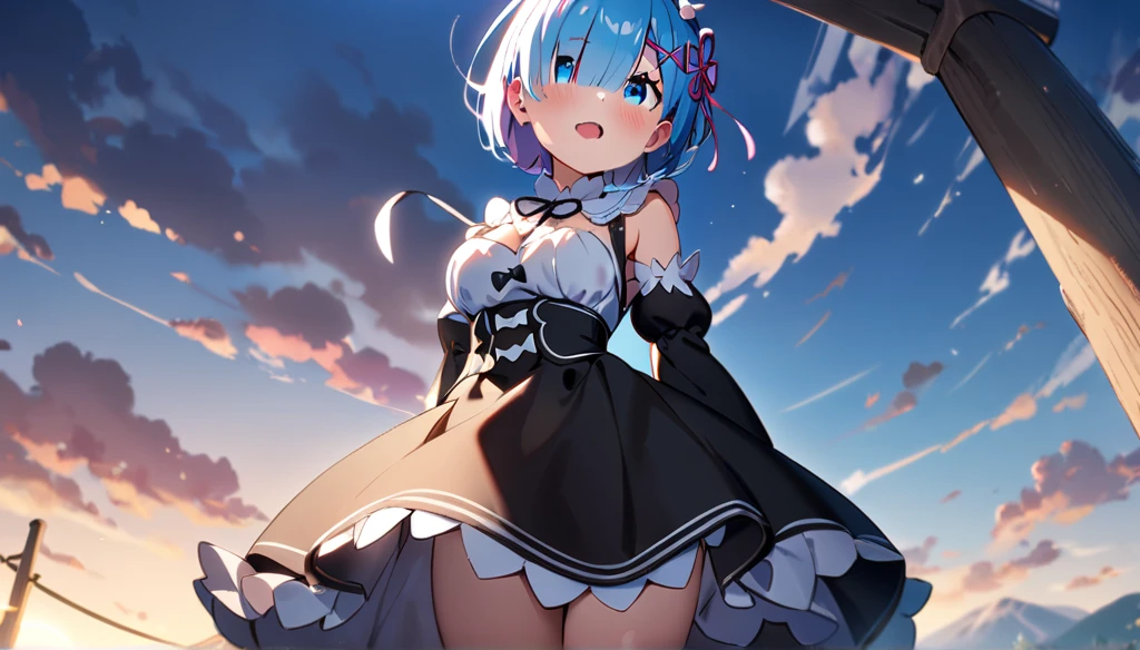 1girl, rem \(re:zero\)), re:zero kara hajimeru isekai seikatsu, masterpiece, best quality, very aesthetic, absurdres, looking at viewer, outdoors