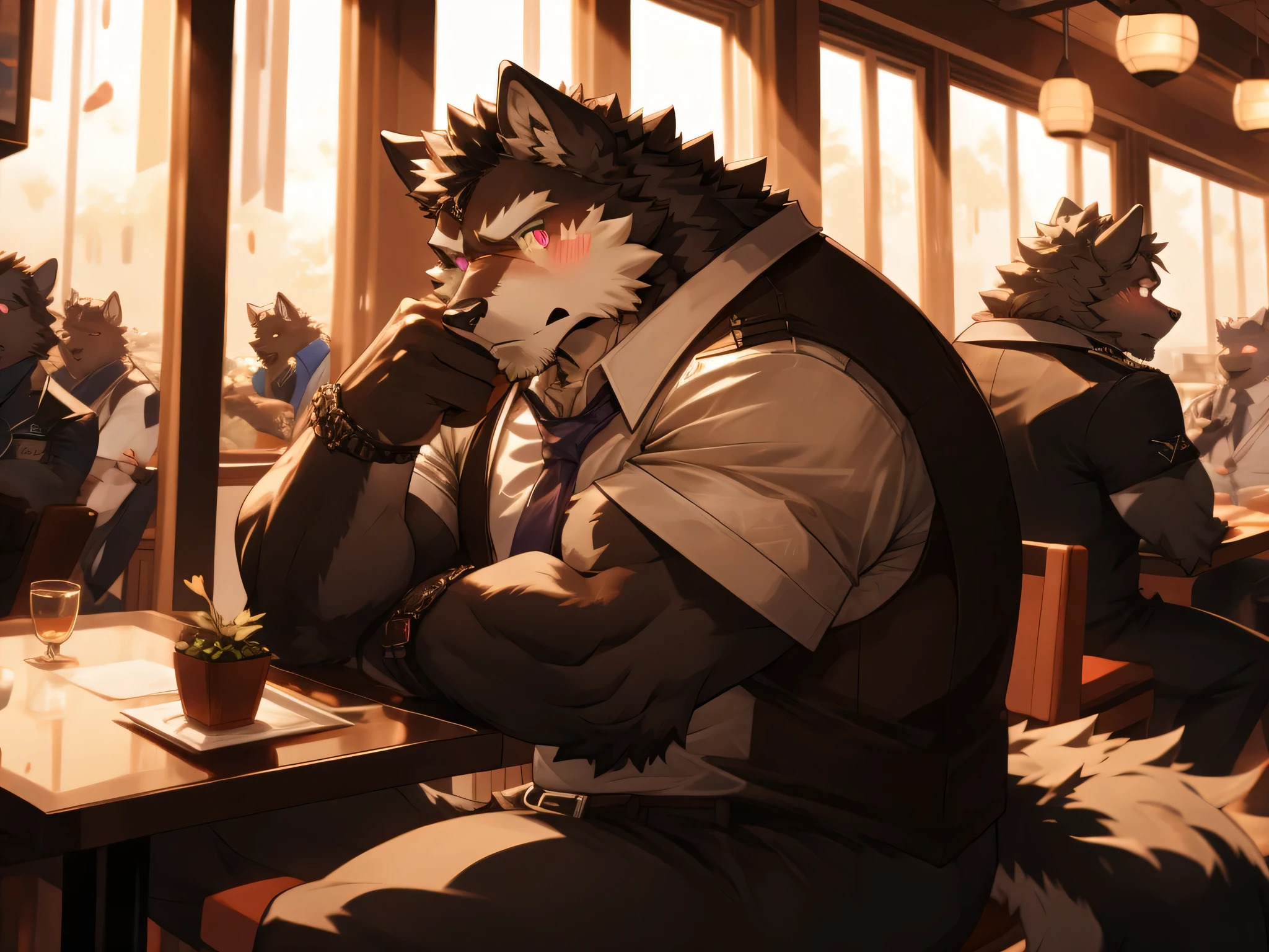 Close-up:A person is sitting in a restaurant,There is a wolf in the restaurant, Portraits inspired by Wolf Huber, Popular topics on pixiv, Furry art, Muscle Werewolf, Angry moral sexy werewolf, Minotaur Wolf, Furry wolf, Anthropomorphic wolf man, Firmware version, Fluffy chest, Big Wolf, super awesome and cool ((blush:1.2)) ((looking into camera:1.2)) ((Black pupil,Pink eyes:1.2))