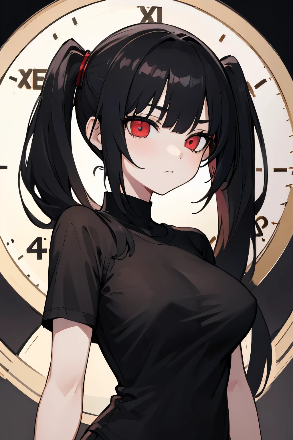 Optimal，masterpiece，High resolution，highest quality，Hyper HD，Very detailed，Award-winning，16k，alone，（Upper Body），Correct Anatomy，Beautiful Cyberpunk Girl，Upper Bodyの写真、Cute face，，Black Hair、Long Hair、Twin tails、Hairline，（（Scarlet Eyes）），Long eyelashes，Drooping eyelids，White skin，((Shoot from the front:1.5)), ((Tight black t-shirt:1.5)), ((Clock Top:1.5))、See-through、Rocket , (Large Breasts),