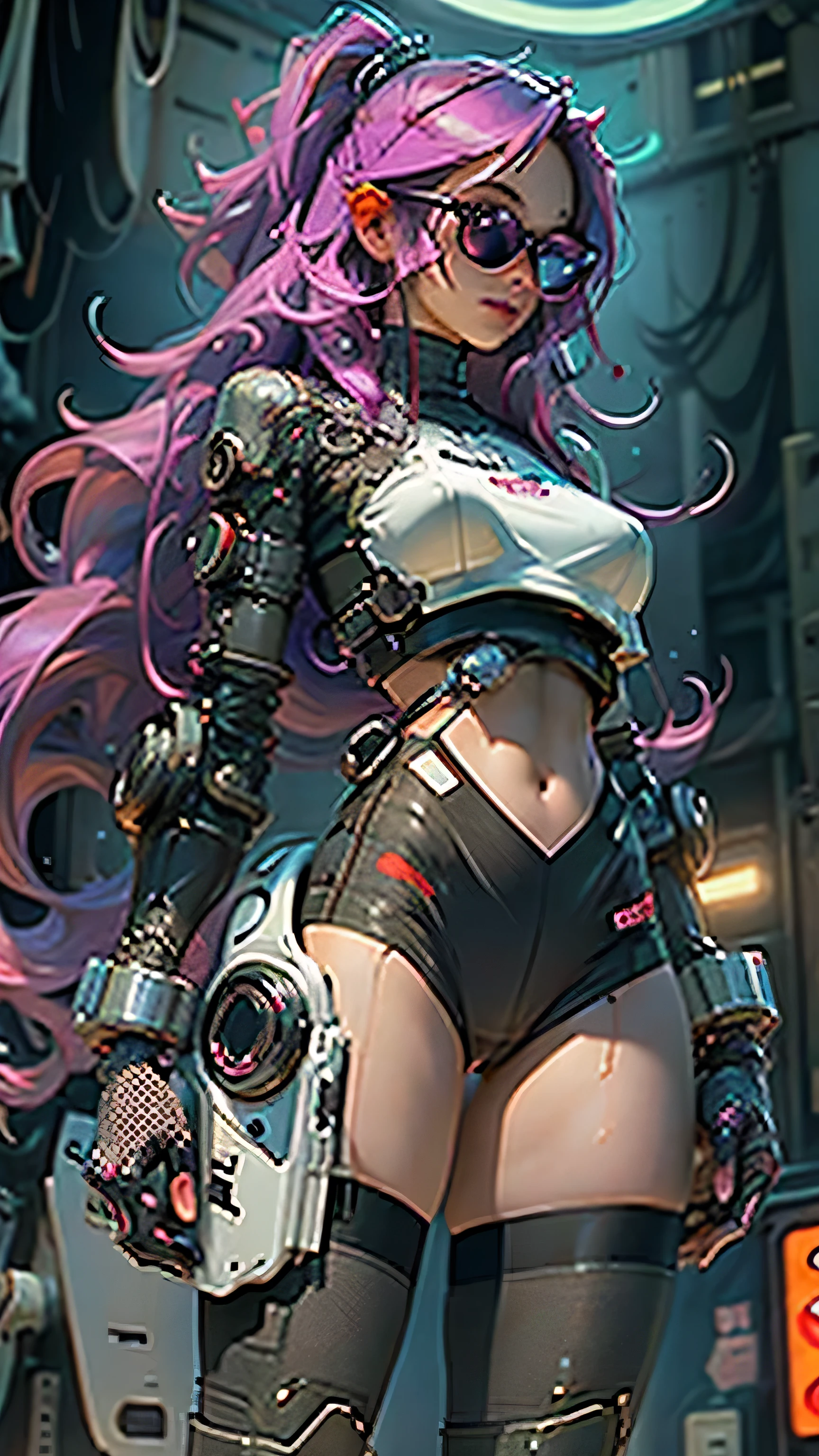 Female body with thick thighs defined by cybernetic body parts, Fishnet tights