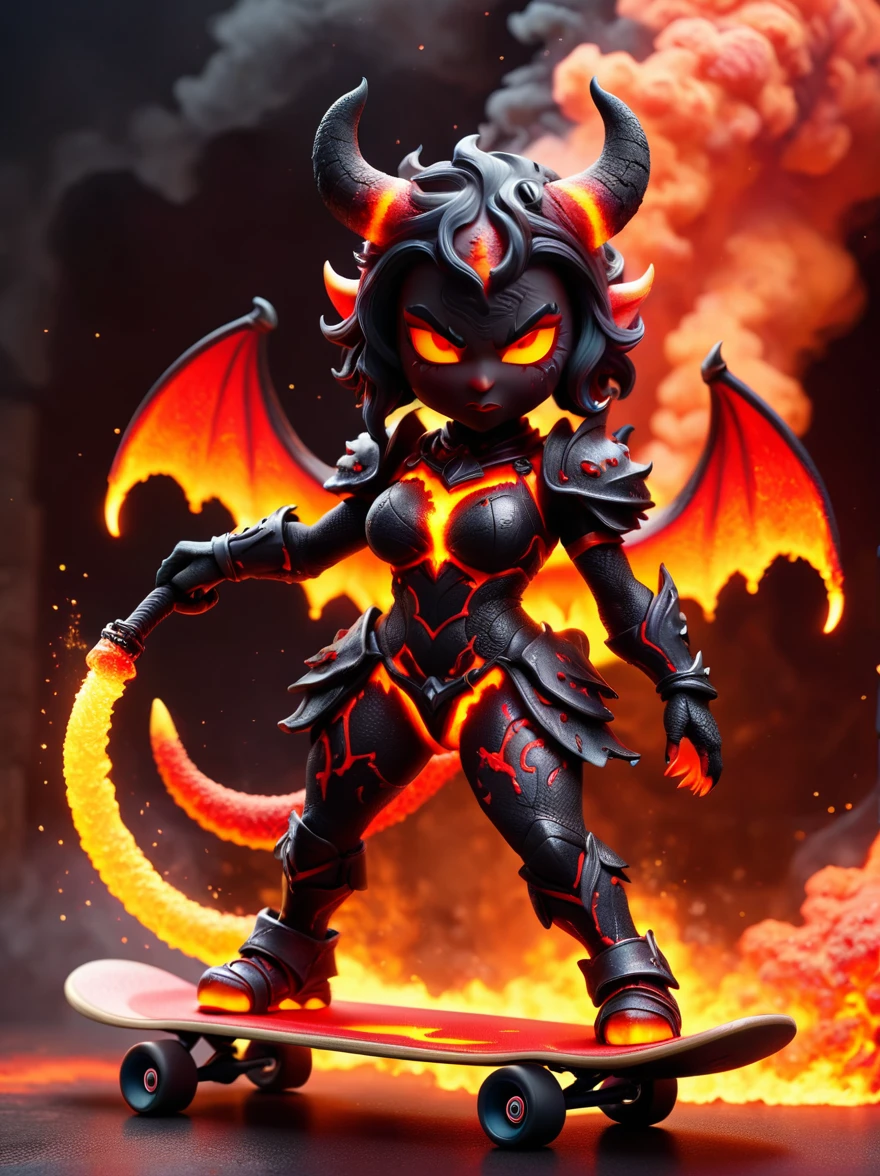 (1 female devil with a body made of volcanic magma and lava:1.5)，(Armor with menacing horns and crimson lava:1.3), strike a playful pose, Standing on a skateboard, (Close one eye:1.3), Red Eyes, Pouting cute little mouth, Swirling tendrils of smoke leave behind them，proudly, Cartoon Style, full-body shot, Created with C4D and Blender, Blind box toy styles, Super Detail, Anatomically correct, masterpiece, precise