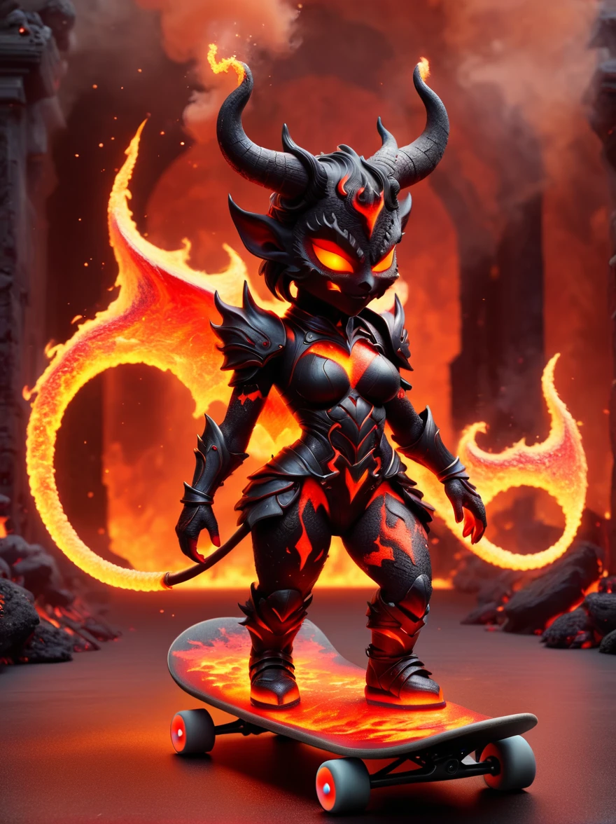 (1 female devil with a body made of volcanic magma and lava:1.5),(Armor with menacing horns and crimson lava:1.3), strike a playful pose, Standing on a skateboard, (Close one eye:1.3), Red Eyes, Pouting cute little mouth, Swirling tendrils of smoke leave behind them,proudly, Cartoon Style, full-body shot, Created with C4D and Blender, Blind box toy styles, Super Detail, Anatomically correct, masterpiece, precise