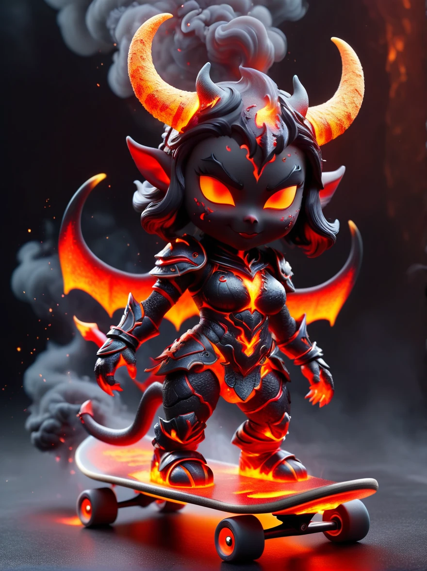 (1 female devil with a body made of volcanic magma and lava:1.5)，(Armor with menacing horns and crimson lava:1.3), strike a playful pose, Standing on a skateboard, (Close one eye:1.3), Red Eyes, Pouting cute little mouth, Swirling tendrils of smoke leave behind them，proudly, Cartoon Style, full-body shot, Created with C4D and Blender, Blind box toy styles, Super Detail, Anatomically correct, masterpiece, precise