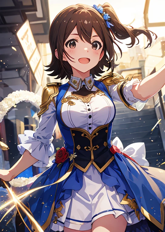 Mirai Kasuga, (highest quality, 8k, masterpiece, Very detailed:1.2), (Lens flare, Particles of light, Shine), Big Breasts, smile, Open your mouth, masterpiece, highest quality, Very detailed, High resolution, Very detailedなCG, (Official Art), Red Check Skirt, White shirt, (Embarrassing:1.1), (blush:1.2), Open your mouth, (shout:1.1), (Moving lines:1.1), blue sky, Cowboy Shot