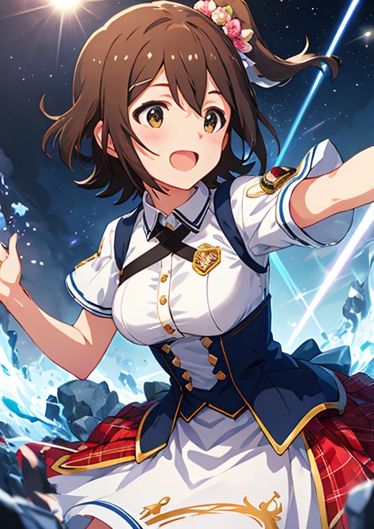 Mirai Kasuga, (highest quality, 8k, masterpiece, Very detailed:1.2), (Lens flare, Particles of light, Shine), Big Breasts, smile, Open your mouth, masterpiece, highest quality, Very detailed, High resolution, Very detailedなCG, (Official Art), Red Check Skirt, White shirt, (Embarrassing:1.1), (blush:1.2), Open your mouth, (shout:1.1), (Moving lines:1.1), blue sky, Cowboy Shot
