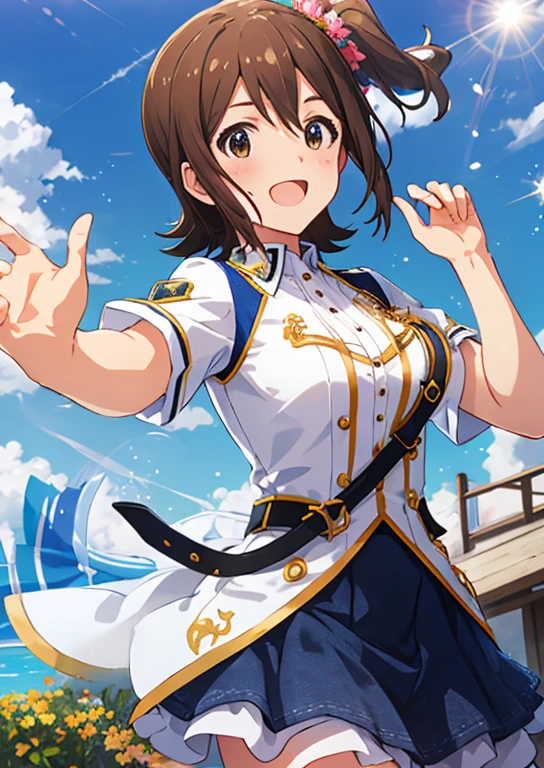 Mirai Kasuga, (highest quality, 8k, masterpiece, Very detailed:1.2), (Lens flare, Particles of light, Shine), Big Breasts, smile, Open your mouth, masterpiece, highest quality, Very detailed, High resolution, Very detailedなCG, (Official Art), Red Check Skirt, White shirt, (Embarrassing:1.1), (blush:1.2), Open your mouth, (shout:1.1), (Moving lines:1.1), blue sky, Cowboy Shot