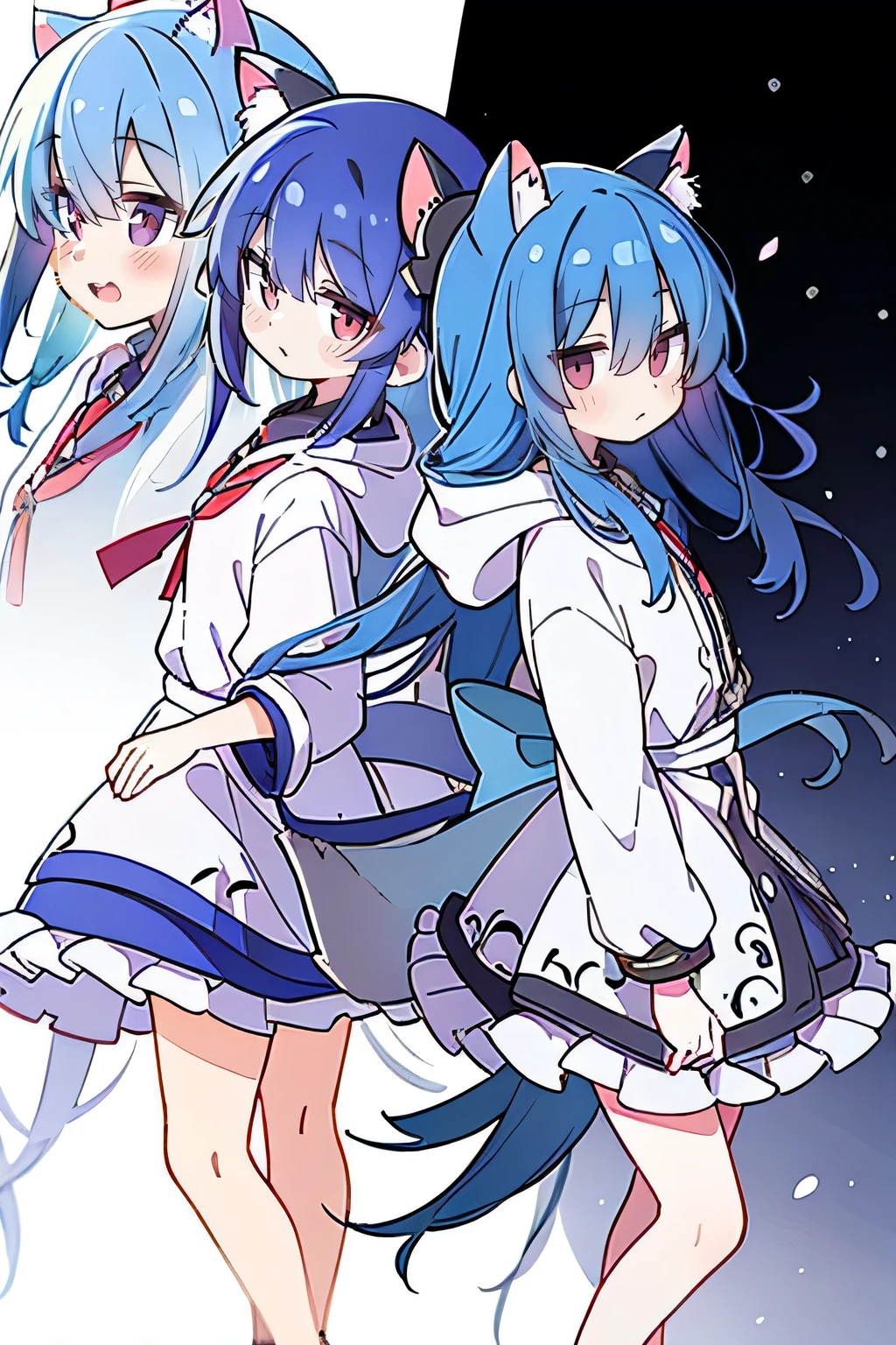 (masterpiece:1.2),Super detailed,lifelike,Expressive eyes,fair skin,perfect face shape,1 girl,
Japanese comics,Gorgeous blue hair,flowing blue hair,flowing clothes,Cat ears,Petals fall,beautiful lola,Baby Angel,
Shaking head with one hand,Cross your legs,Gentle and peaceful background,The pavilion is cool and comfortable,smile, wearing hoodie, background of tokyo,back views,snowing, winter.
