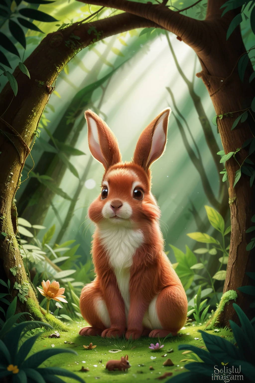 In a magical forest filled with a vibrant array of colorful flowers and friendly animals, there lived a delightful little bunny named Bella. Her soft, velvety ears were a warm pink hue, a perfect contrast to her long, bushy tail that swished gently as she hopped around. Her round, bright brown eyes sparkled with curiosity and wonder, reflecting the sunlight that filtered through the thick canopy above. In her charmingly simple yet elegant outfit of light green, Bella looked every inch the enchanting creature that she was. This magical portrait of Bella, taken in the heart of the forest, captures her pure and innocent beauty in exceptional detail, with a focus on the intric