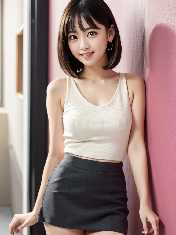 (masterpiece)、(highest quality:1.5)、(16K Wallpaper:1.2)、(Photorealistic:1.2)、(Ultra-detailed:1.2)、(超A high resolution:1.2),(Surreal), (figure), (High resolution), (Very detailed), (best figure), (Professional), (Realistic), (Post-processing), (maximum detail), (Very detailed),(Sharp focus), Sharp focus:1.2,Photorealistic, Ultra-realistic, Backlight, Bright light, (Improvement of quality:1.4),RAW Photos、Healthy thighs、Narrow waist、Big Ass、(Beautiful legs)、((Perfectly detailed five-fingered hands)),(Anatomically correct body)、((1 female:1.4))、Realistic Skin、(Small chest:1.4),Pretty woman with perfect figure:1.4,(from the front:1.5), (Enhances the beauty of skin texture:1.1), (Beautiful fine details), (Detailed face),Beautiful realistic face,No makeup、美しいBlack Hair、Super Beauty、The best smile、Natural color lip、Even bangs、((29-year-old woman))、Bob Hair、Hair blowing in the wind, (Black Hair, Iris, Watery eyes, Shining Eyes, Short Bob Cut, Small earrings, Lightly reddish), Hair behind the ear、No makeup、 ((tuck mini skirt, White tank top:1.3)),Are standing),(Lift up your skirt to show your underwear),Feel the ecstasy、Open your mouth、scream、Excited face、