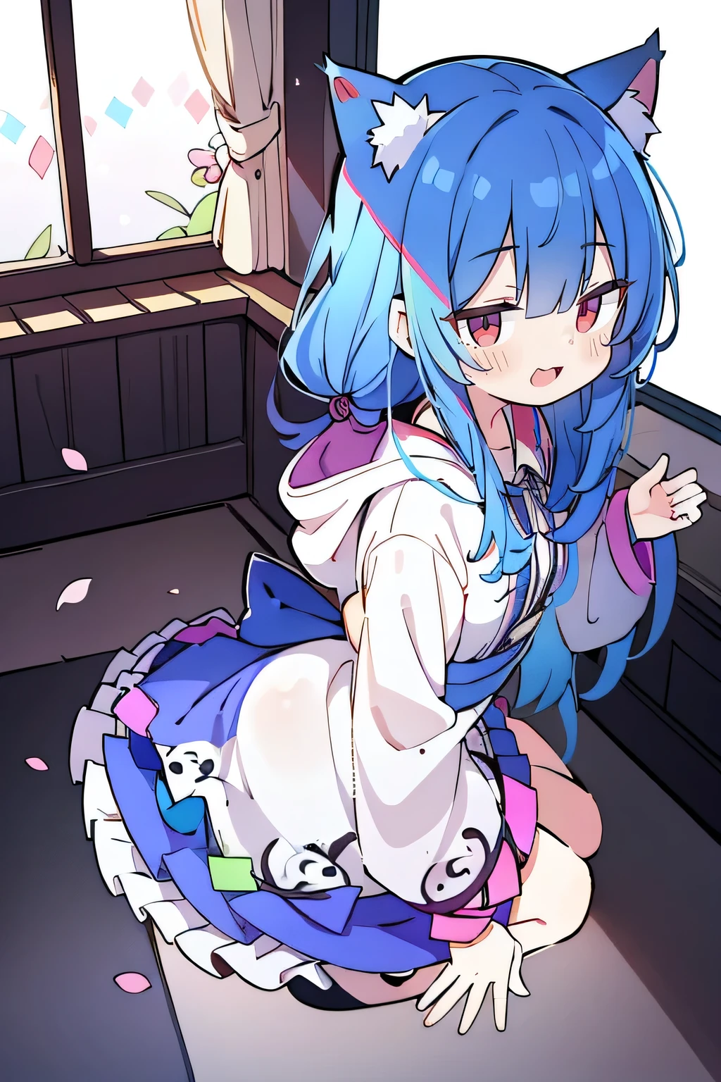 （masterpiece：1.2），Super detailed，lifelike，Expressive eyes，fair skin，perfect face shape，1 girl，
Japanese comics,Gorgeous blue hair,flowing blue hair,flowing clothes,Cat ears,Petals fall,beautiful lola,Baby Angel,
Shaking head with one hand，Cross your legs，Gentle and peaceful background，The pavilion is cool and comfortable,smile, wearing hoodie, background of tokyo,back views,snowing, winter.