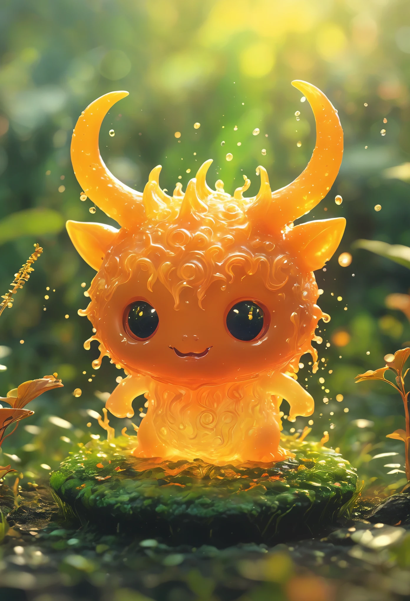 best quality, very good, 16K, Ridiculous, Extremely detailed, Cute round slime demon，Has horns made of translucent boiling lava, Background grassland（（A masterpiece full of fantasy elements）））， （（best quality））， （（Intricate details））（8k）