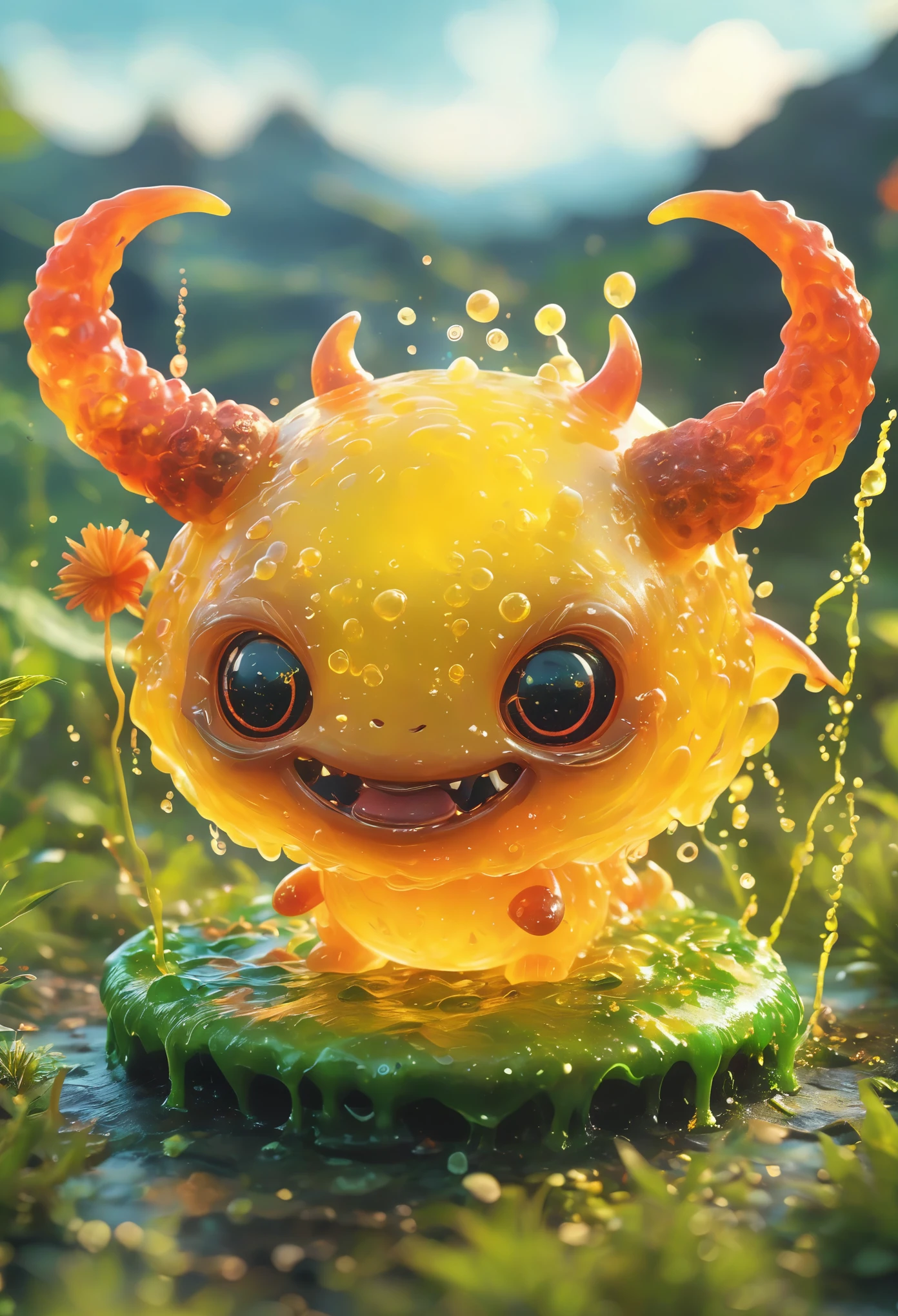 best quality, very good, 16K, Ridiculous, Extremely detailed, Cute round slime demon，Has horns made of translucent boiling lava, Background grassland（（A masterpiece full of fantasy elements）））， （（best quality））， （（Intricate details））（8k）