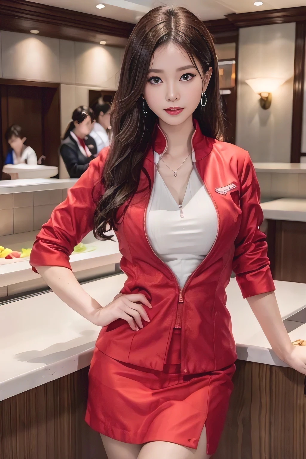 AirAsia red jacket uniform、Dark brown hair、Luxury earrings、Captivating look、Blue Eyes、Young Asian Woman