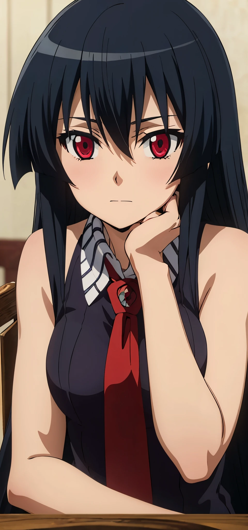 solo, 1girl, looking at viewer, 2D, anime, anime coloring, upper body, akame, necktie, sleeveless, looking at viewer, closed mouth, solo, sitting, elbows on table, hands on cheeks, face close-up, emotionless face, faint smile