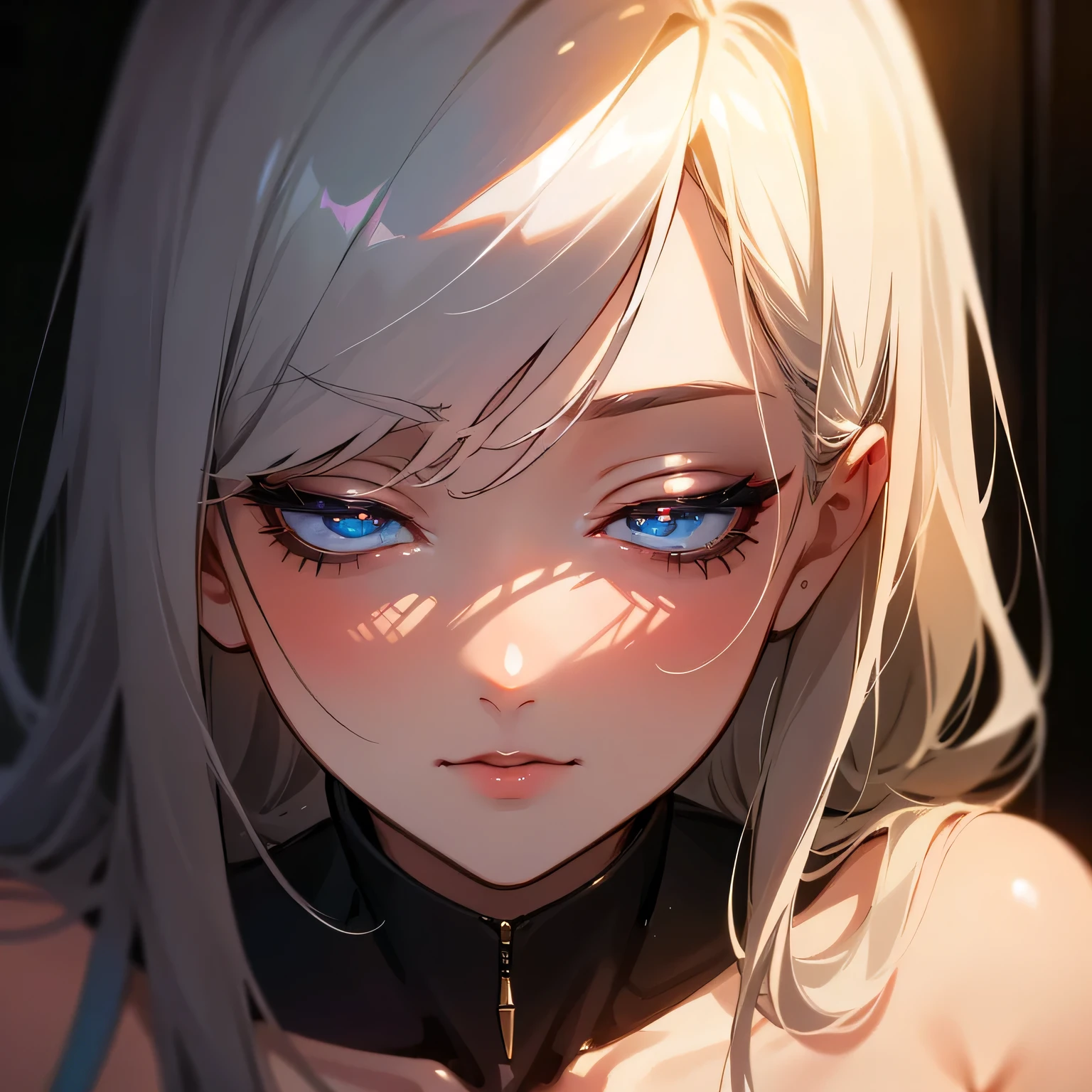 Amazing portrait of a close up shot of a seductive and alluring woman with a beautiful face who is stealthily concealed in a confined closet with the viewer evoking a sense of danger and secrecy illuminated by a tantalizing sliver of light seeping through a narrow gap.