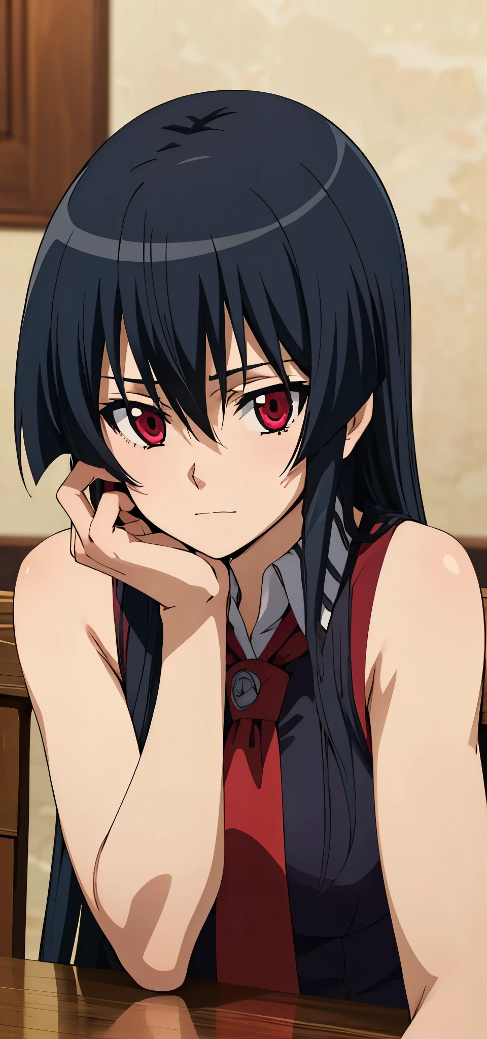 solo, 1girl, looking at viewer, 2D, anime, anime coloring, upper body, akame, necktie, sleeveless, looking at viewer, closed mouth, solo, sitting, elbows on table, hands on cheeks, face close-up, emotionless face, faint smile