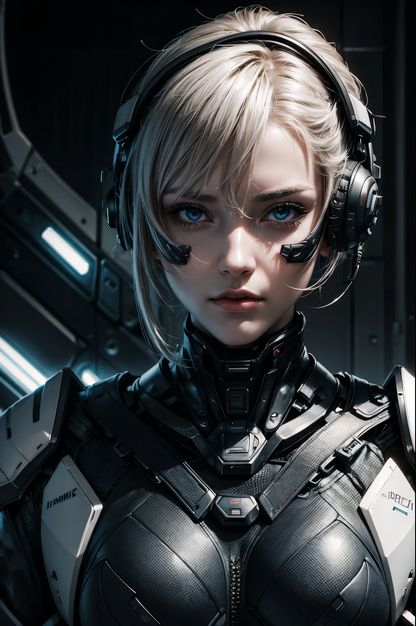 (Cyber soldier style aesthetics), Brust bis Taille, (half body), (Beauty form), Perfekte Haut, hyperrealistisch masterpiece, in extremely complex & superdetailed black and white plugsuit, filmische Beleuchtung, 8k, symmetrische Augen, realistisch, scharfer Fokus, HD, highly detailed, komplizierte Details, Fotografie, Studio portrait, detailed, filmische Beleuchtung, bestimmt:1,2, Mutig