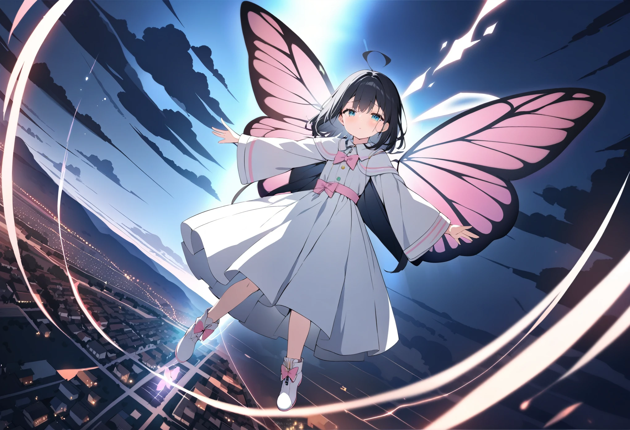 best quality, masterpiece, ultra resolution, super details, anatomically correct, 1 girl, solo, (junior child:1.2), (black hair:1.2), high quality eyes, high quality hands, clear blue eyes, (medium hair), loose hair, no hair ornaments, white dress with pink band, (white caplet:1.3), (large collar bow:1.5), long sleeves, (wide cuffs:1.3), pink waist belt, long skirt, (soft ankle boots:1.2), (huge butterfly wings:1.4), (wings of colorful light:1.4), spreading wings, (levitating in the air), imploring, sad, above a town, visible cyclone wind, high quality background, detailed background, depth of field, dynamic angle
