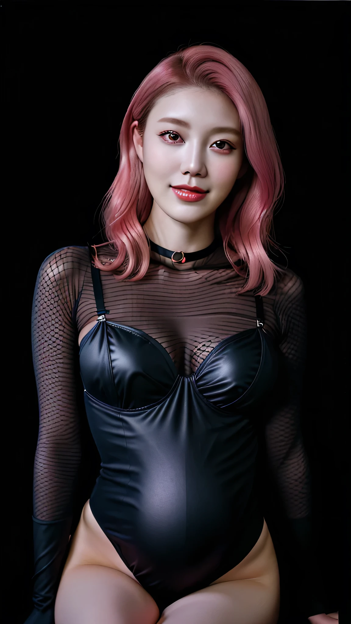 (full length editorial photograph of a 25 yo woman), (Highly detailed face:1.4) (smile:0.7) Short bob black hair, Gemstone Choker, smooth, white skin, Tight black PVC bodysuit with fishnet stockings,Pale blue flapper dress (The background is dark, Sulky, personal research:1.3) Nikon D850, film stock photograph ,4 Kodak Portra 400 ,Camera f1.6 Lenses ,Rich colors ,,Realistic texture, Dramatic lighting , Cinestill 800, erotic, Gothic,Nude top, Perfect Vagina, hot, Fascinating , Large Breasts、High leg cut panties、Pregnant women in their final month、Pregnant women、Salmon pink hair、