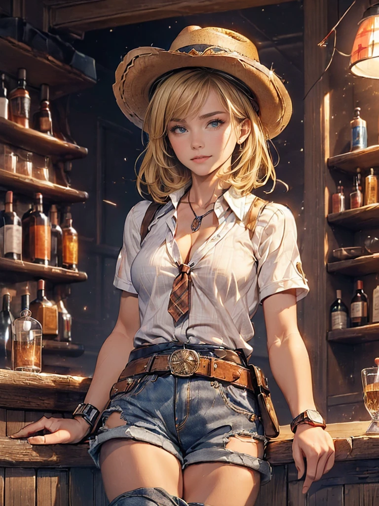 (((1 person:2.0))),(((Cowgirl Costume))),(((Low waist denim shorts))),(((Wear a western hat))),(((wear a leather belt))),(((Wearing short sleeves, Plaid, front tie shirt.))),(((wearing a watch))),(((short boots))),(((Showing cleavage))),(((Exposed thin inner thighs))),(((Small breasts:1.5))),(((Bare arms))),(((Her hair is blonde))),, Beautiful detailed girl, Very detailed目と顔, 緻密でBeautiful Eyes, Very detailed, High resolution, highest quality, masterpiece, Very detailed, 8k wallpaper, wonderful, finely, highest quality, The light shines on your face,,(Night Bar),Beautiful Eyes,Being drunk,Cowboy Shot