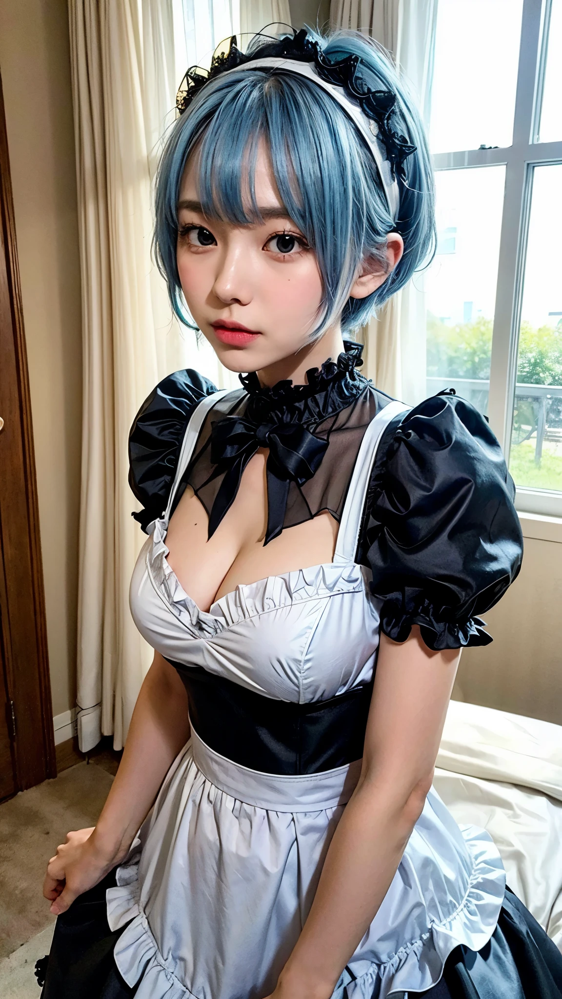 Best quality: 1.4, high resolution, perfect lighting, one girl, big breasts, black maid outfit, frilly headband, light blue hair, short cut