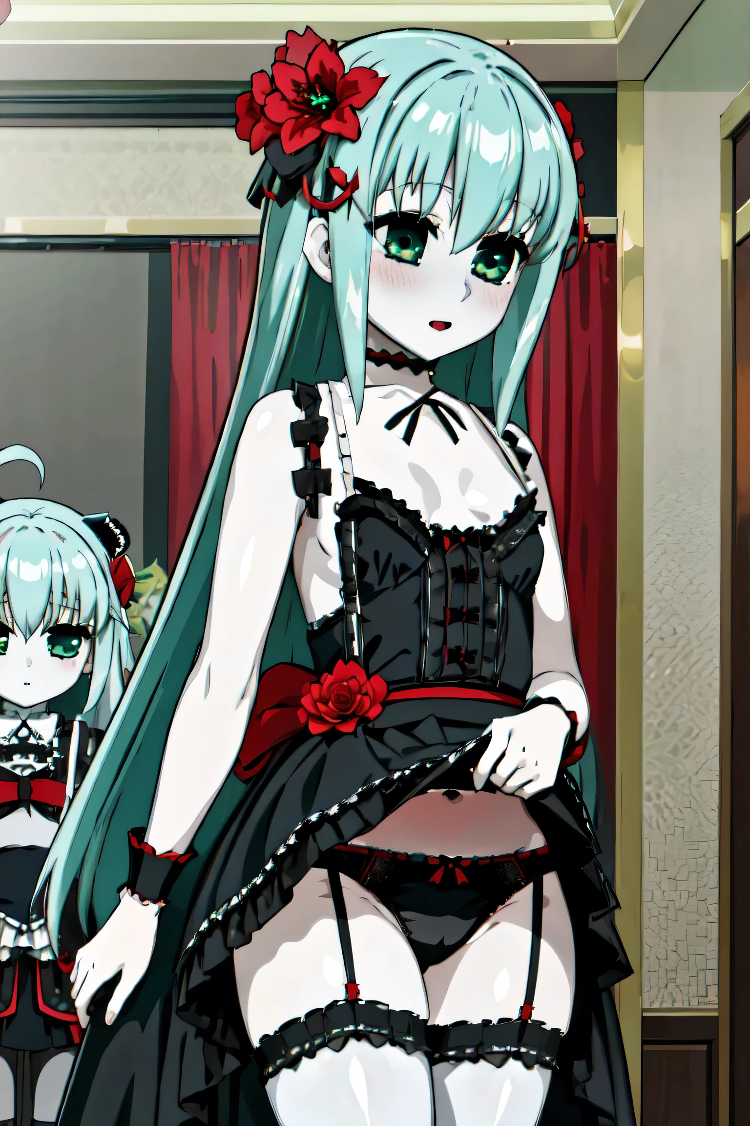 1 girl、Silver Hair、Pale skin、Long Hair、Red flower hair ornament、Emerald green eyes、Small breasts、Gothic Lolita Clothing、、High resolution、highest quality、Anime Moe Art Style、Cowboy Shot、Skirt Lift、Self Lift、Plush panties、lingerie、indoor、Private room、Front view
