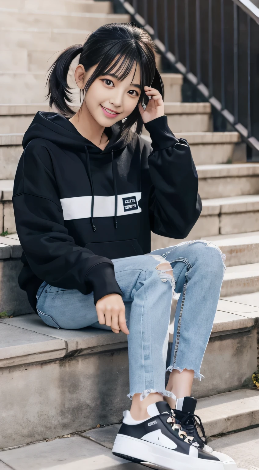 highest quality, Realistic, Very detailed, Finer details, High resolution, 8k wallpaper, One beautiful woman,Sit on the stairs、(Wear black socks)smile、(Beautiful teeth alignment、)(Gums are visible) Oversized hoodie, Skinny jeans,( Black sneakers)、Black Hair、 Beautiful Bangs、ear piercing、Perfect dynamic composition, Beautiful and detailed, Full Body Shot, A big smile