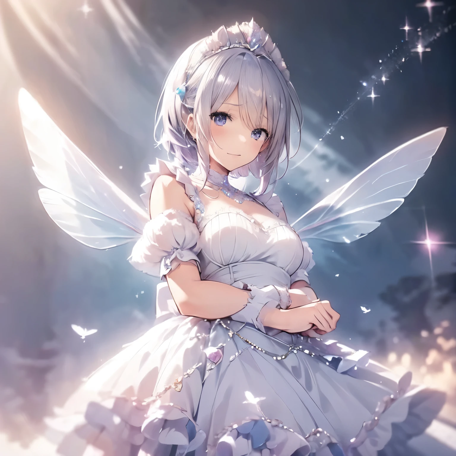 (highest quality, Very detailed, beautiful, Exquisite, 16k, Full HD), Looking down,(Sleep on your back,On the bed),((soft, Sparkly layered dress)),A large and beautiful dress inspired by rose flowers, Hanabubuki,The screen is surrounded by flowers,Frills,Decorated with rhinestones、Ball gown with intricate waves,(Art Station, Fantasy art:1.2), pastel colour,((Giant white fairy wings:1.5)),(fluffy hair,tiara,anklet,Long eyelashes, beautiful purple eyes,Cheeks are pale pink,fluffy),Dazzling Light, Warm lighting,Bright light,Romantic light