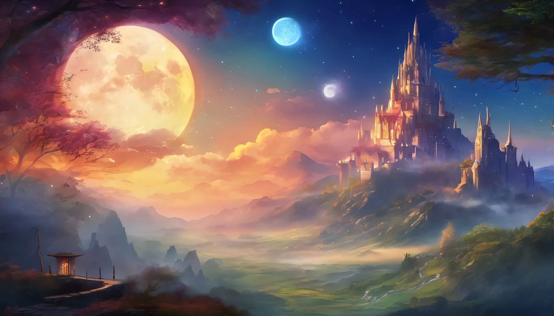 Vast landscape photography (View from below, it shows the sky at the top), fortress on top (full moon: 1,2), (shooting star: 0,9), (nebula: 1,3), A Distant Mountain ,(Cold light:1.2), Mountain, Snow-capped Mountain々, Volumetric lighting, Realism BREAK (masterpiece:1.2), (highest quality), 4K, Very detailed, (Dynamic configuration: 1.4), detailed, Colorful details, (Cool color scheme: 1.2), (Shining Lights, Ambience Lighting), dream-like, Elvish, (solo: 1.2)