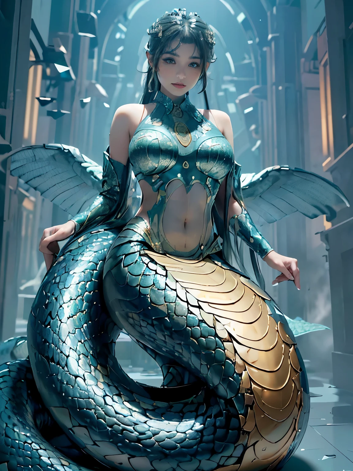 ((Best image quality, 8k, masterpiece: 1.3)), giant, giant snake, giant snake queen, Beautiful Malay woman with slim abs: 1.3, (casual hairstyle, Big without leaking: 1.2), Showing cleavage, ( Snake scales: 1.1, ( Mermaid:1.2),(Long snake tail:1.3), Ultra-realistic golden scales, white wings, angry face, Super serious face, Delicate eyes, Double eyelids, Smooth and tender skin, Reflective skin , they want , urban, Sharp vision, giant concept,