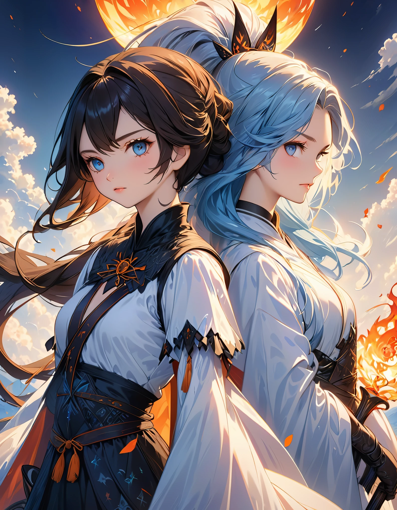 ((highest quality)),(Ultra-high resolution),(Very detailed),(Detailed Description),((The best CG)),(A masterpiece),Ultra-detailed art,Amazing drawing art,(Fantasy art with intricate detail:1.5), ((Two women standing back to back:1.5)), (witch:1.5),(Beautiful and well-proportioned face:1.3),(Shiny black hair:1.3),(緻密で詳細に描写されたwitchのローブ:1.4),(Floating fireball:1.6),(Confident々:1.2), (female knight:1.5),(Beautiful and well-proportioned face:1.3),(Light blue hair:1.3),(Intricately detailed armor:1.4),(Expressionless 1.2)