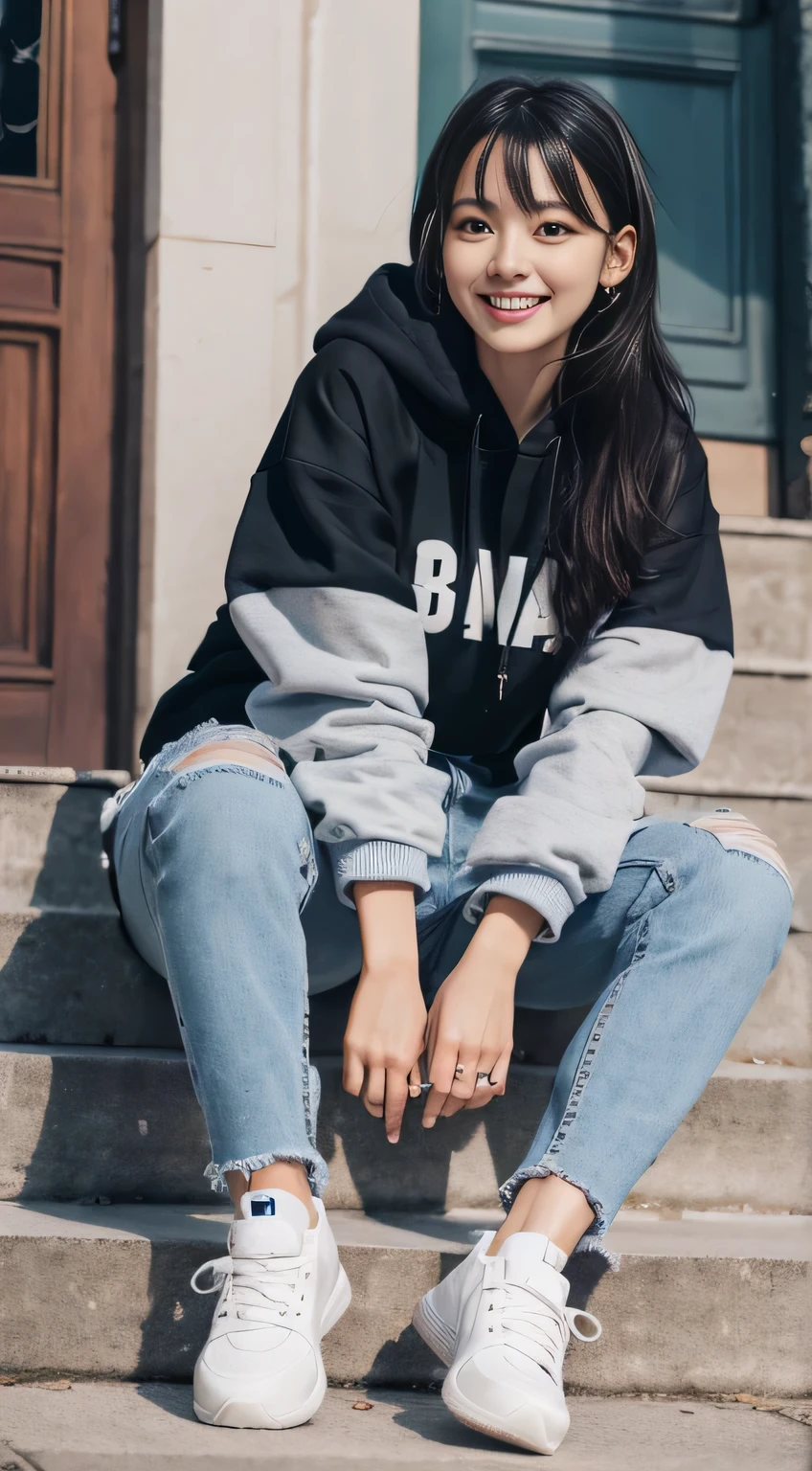 highest quality, Realistic, Very detailed, Finer details, High resolution, 8k wallpaper, One beautiful woman,Sit on the stairs、(Wear black socks)smile、(Beautiful teeth alignment、)(Gums are visible) Oversized hoodie, Skinny jeans,( Black sneakers)、Black Hair、 Beautiful Bangs、ear piercing、Perfect dynamic composition, Beautiful and detailed, Full Body Shot, A big smile